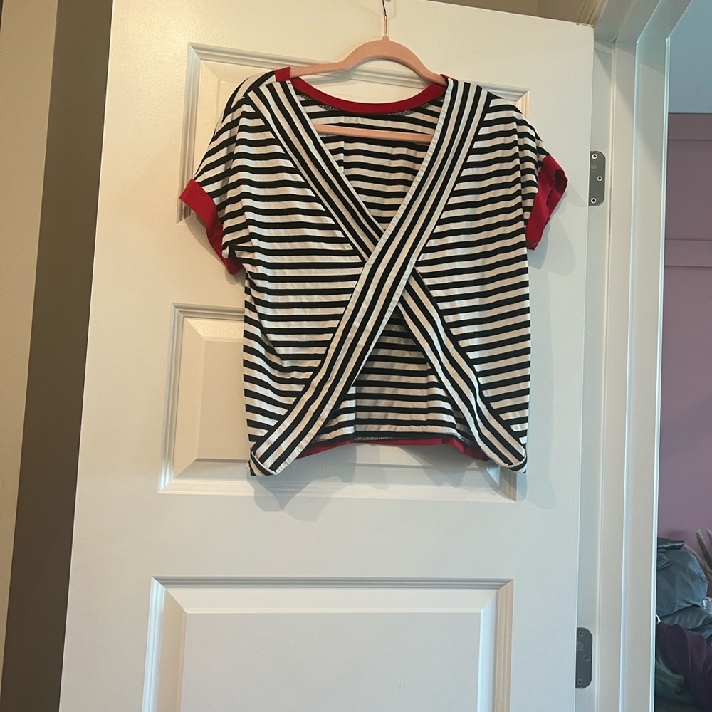 Women's Black & White Striped Short Sleeve Tee with Pink Trim - Picture 11 of 15